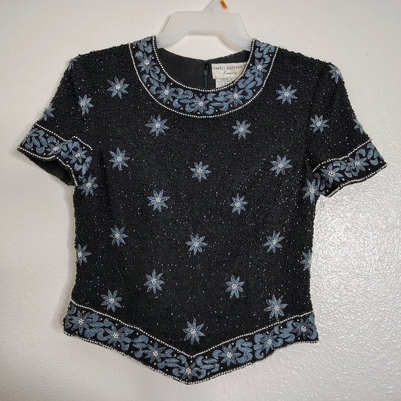Papell Boutique Tops - Vintage Papell Boutique Evening Top Womens Small Black Blue Floral Silk Beaded